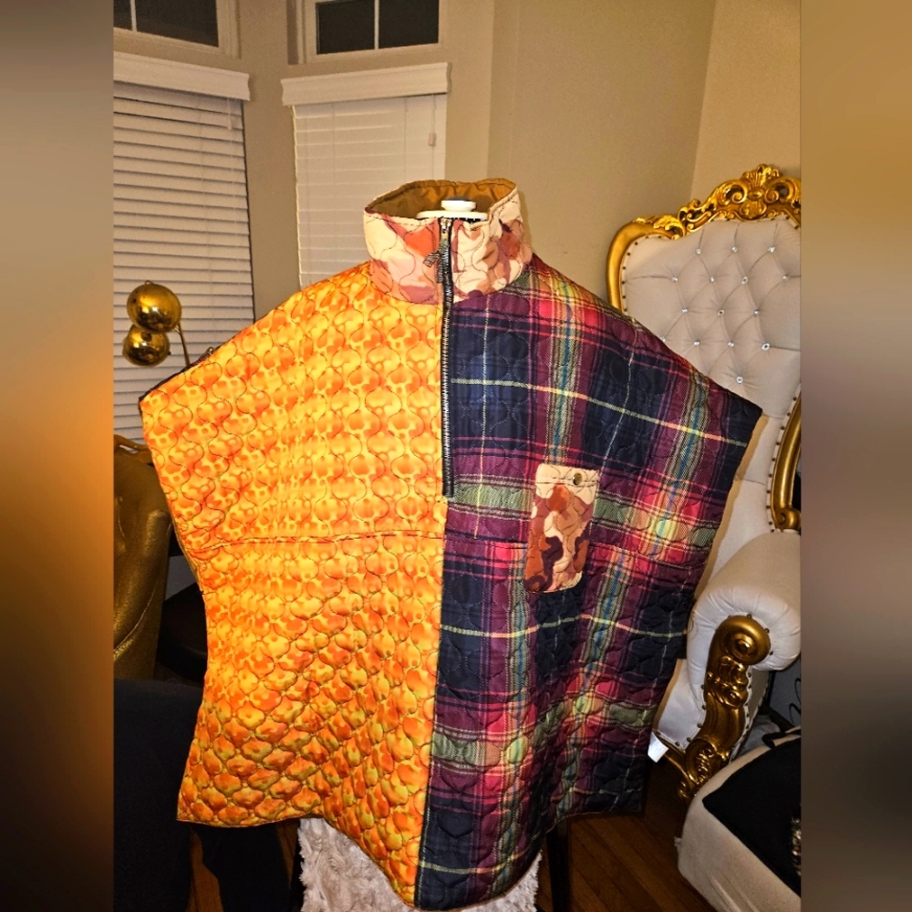 URBAN OUTFITTERS Nylon patchwork Plaid and Orange Quilted poncho